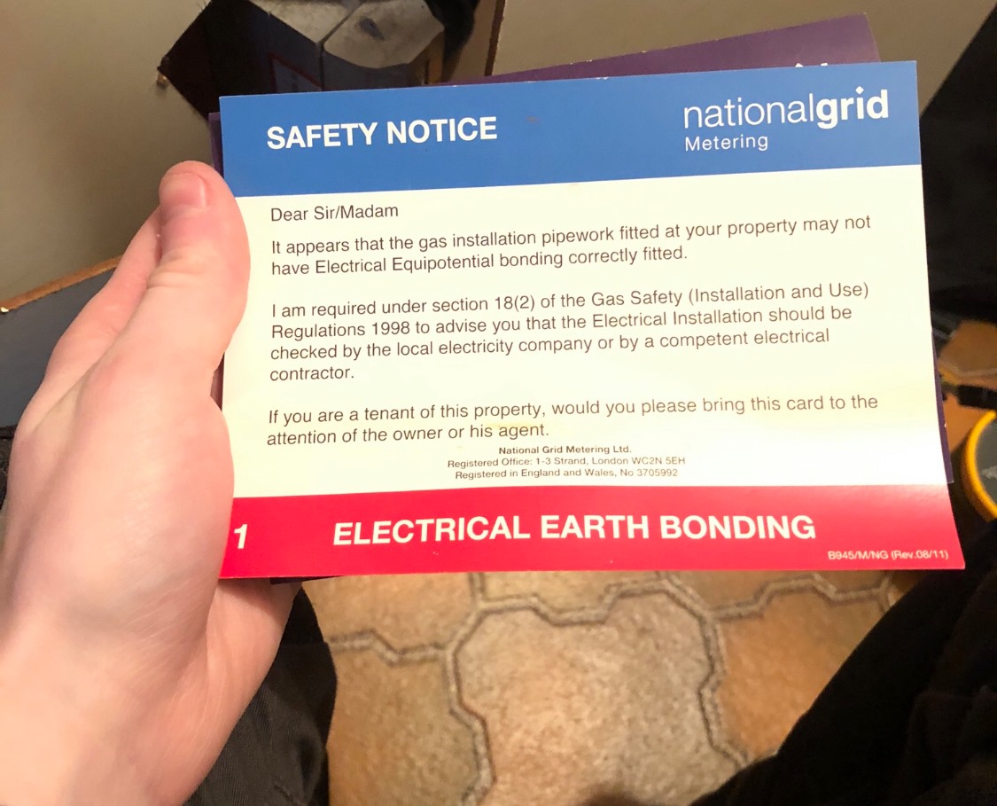 Warning no earth bonding at property left on meter Buckhurst Hill